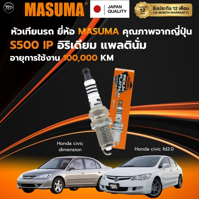หัวเทียน MASUMA รหัส S500(IP) สำหรับ Honda City,Jazz,Civic (Dimension,FD1.8),Civic FD 2.0