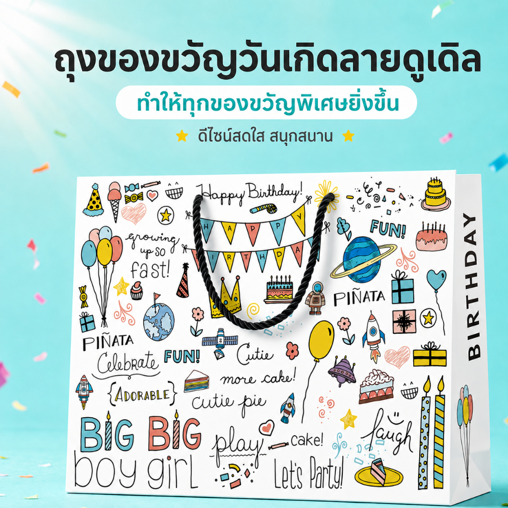 ถุงของขวัญวันเกิดลายการ์ตูนวาดมือ 4ขนาด กระดาษหนาพิเศษ หูเชือกแข็งแรง ใส่ขนม ของเล่น ของชำร่วย ปาร์ตี้เด็ก 38*31*12ซม