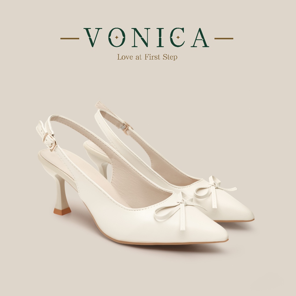 VONICA รองเท้าแตะส้นเข็มสไตล์เกาหลี สีเบจ แต่งโบว์ ทรงสวย ใส่สบาย น่ารัก แฟชั่นผู้หญิง