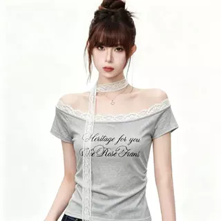 COD พร้อมส่ง เสื้อทีเชิร์ตฤดูร้อน คอไหล่เปิดตกแต่งลูกไม้ ลายพิมพ์สวย ทรงผอมสไตล์สาวเก๋ ขายดี