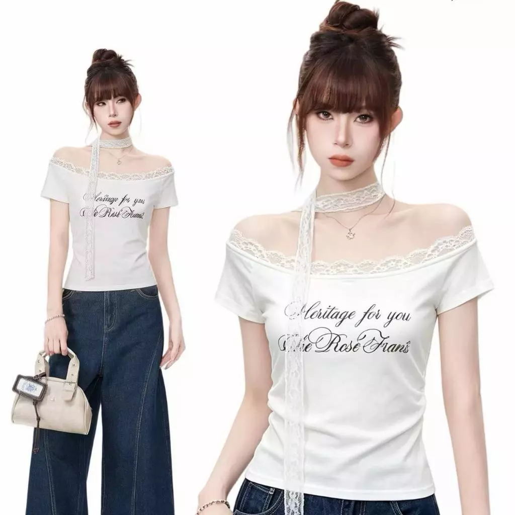 COD พร้อมส่ง เสื้อทีเชิร์ตฤดูร้อน คอไหล่เปิดตกแต่งลูกไม้ ลายพิมพ์สวย ทรงผอมสไตล์สาวเก๋ ขายดี