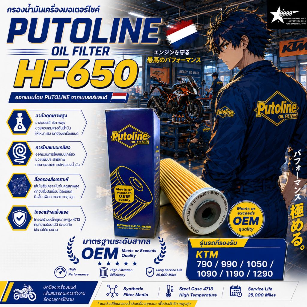 Putoline Oil Filter HF650 High Performance กรองน้ำมันเครื่อง KTM 790/990/1050/1090/1190/1290