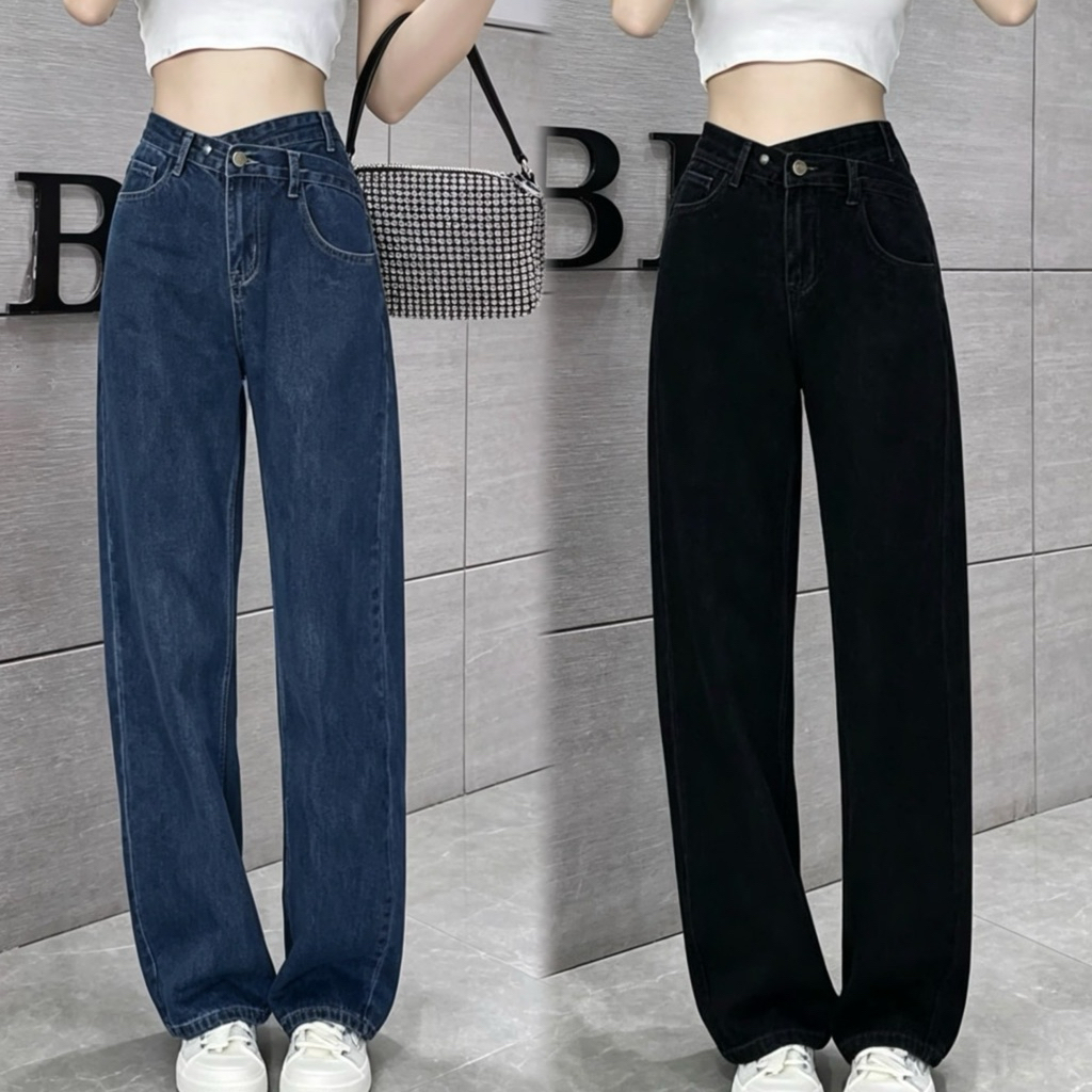 มี S-XXL กางเกงยีนส์ทรงใหม่แบบไม่สมมาตร สำหรับรูปร่างแบบลูกแพร์ ดีไซน์ไขว้ เอวสูง และขากางเกงตรง ช่วยอำพรางสะโพก