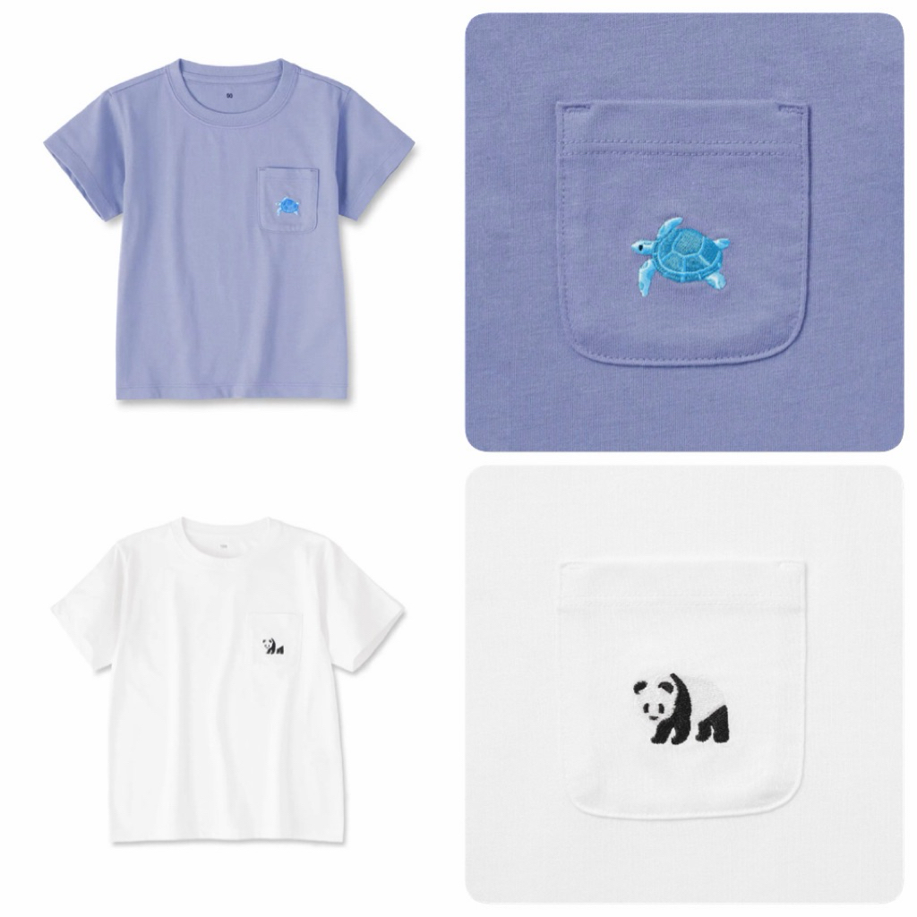 Muji เสื้อคอตตอล คอกลม มีกระเป๋าหน้า ปักลายหมี / เต่า ไซด์ 80-150