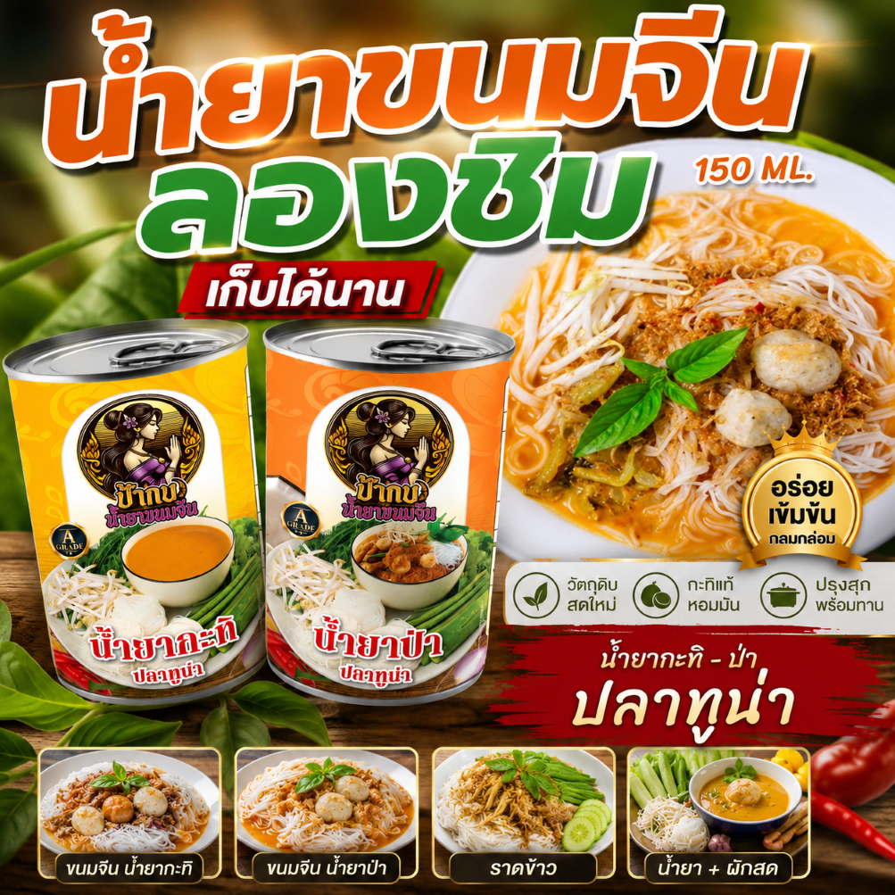น้ำยาขนมจีน สำเร็จรูปกระป๋องพร้อมทาน รสชาติหอมเครื่องเทศ เก็บได้นาน 3 ปี