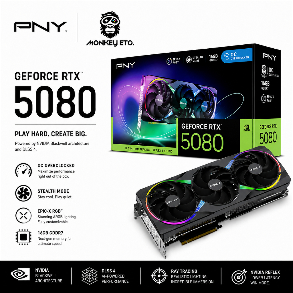 VGA การ์ดจอ PNY GeForce RTX 5080 16GB ARGB Overclocked Triple Fan DLSS 4 GDDR7