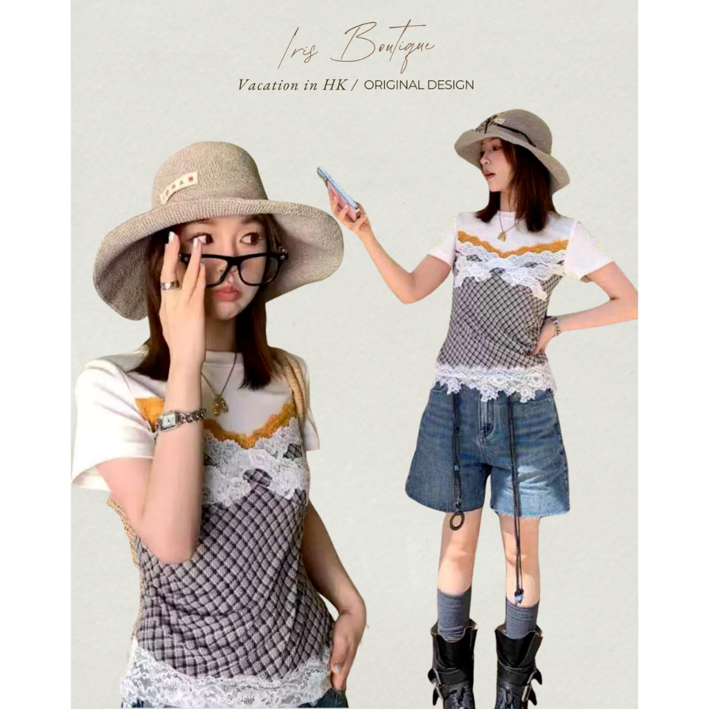 Vacation in HK |Original Design IRIS BOUTIQUE  ISYT56 Lace Patchwork Plaid Slim Top เสื้อเข้ารูปลายสก็อตแต่งลูกไม้