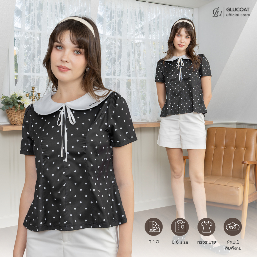 Glucoat | [A572] เสื้อแขนสั้นสีดำ แต่งคอบัวสีขาว ด้านหน้าแต่งลายจุด เข็มกลัดโบว์ถอดออกได้ ซิปหลังยาว