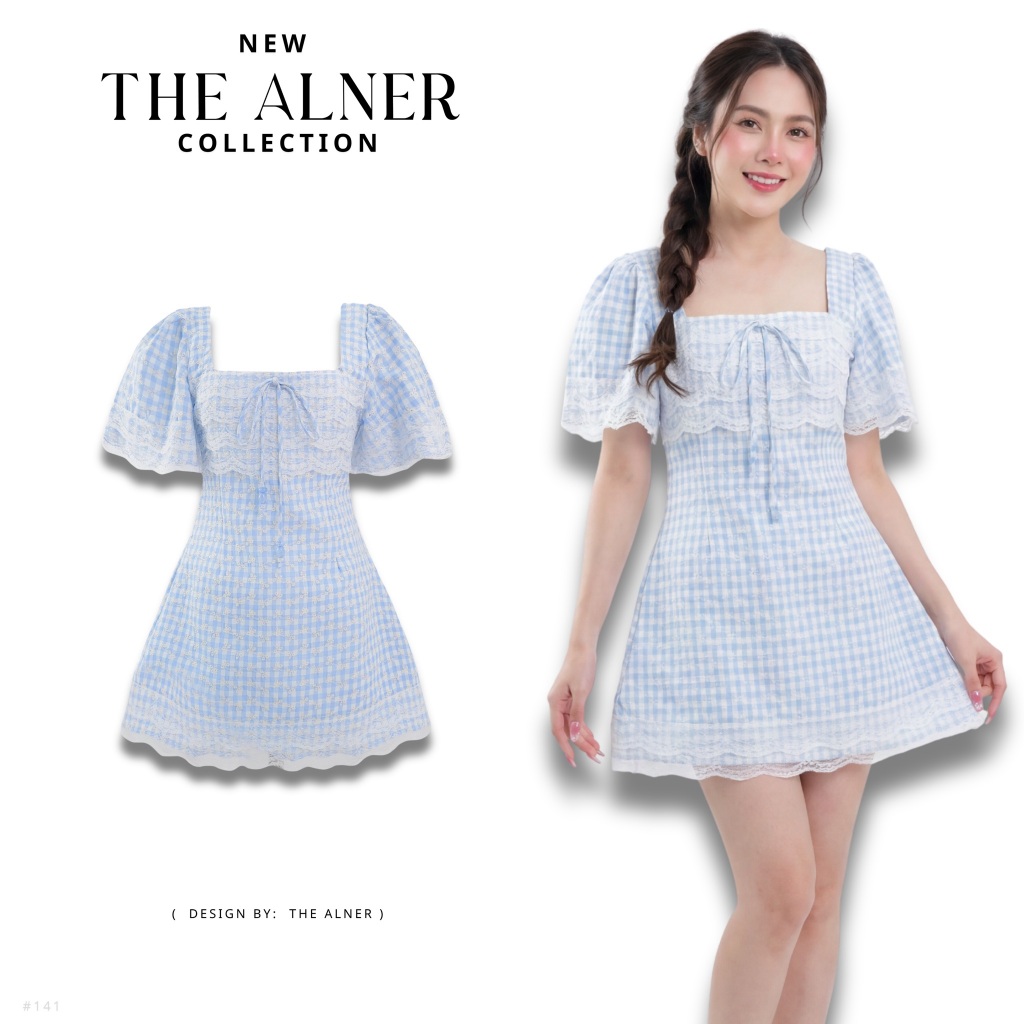 Thealner-AN141 (เซตเสื้อฟ้าลายตารางแต่งลูกไม้ขาวกางเกงขาสั้น)