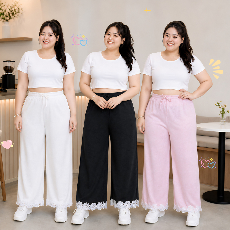 กางเกงขายาวสาวอวบ ไซส์จัมโบ้ ทรงขากระบอกใหญ่ ดีเทลแต่งลูกไม้ปลายขา ผ้าร่อง เนื้อผ้านิ่ม พรางหุ่น สไตล์มินิมอล pb9500#