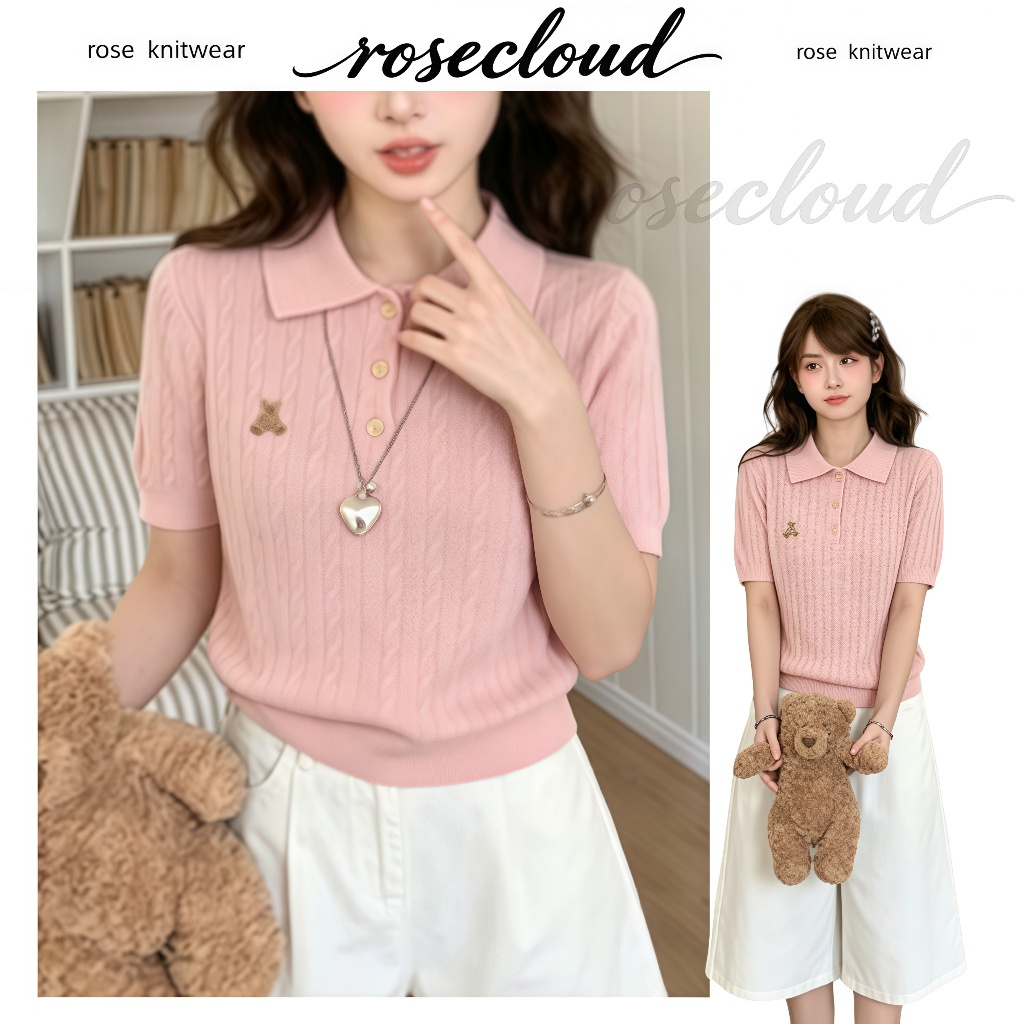 🌟rosecloudเสื้อไหมพรมแขนสั้นผู้หญิงปกปักลายโปโลตุ๊กตาหมี รุ่นเกาหลี สีพื้น ฤดูร้อนใหม่ สไตล์ลำลองจับคู่ได้ทุกชุด
