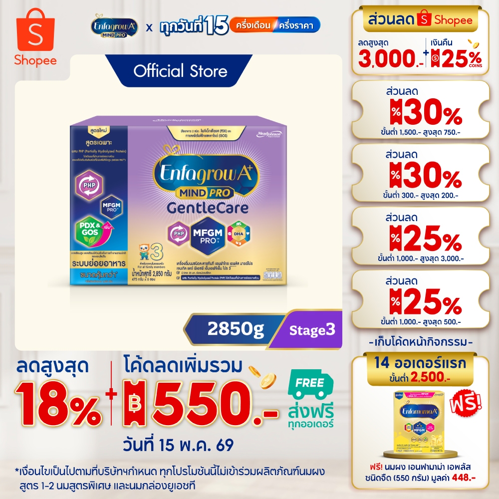 นมผง เอนฟาโกร เอพลัส มายด์โปร เจนเทิล แคร์ สูตร3 (2850 กรัม) Enfagrow A+ MindPro Gentle Care Stage3 