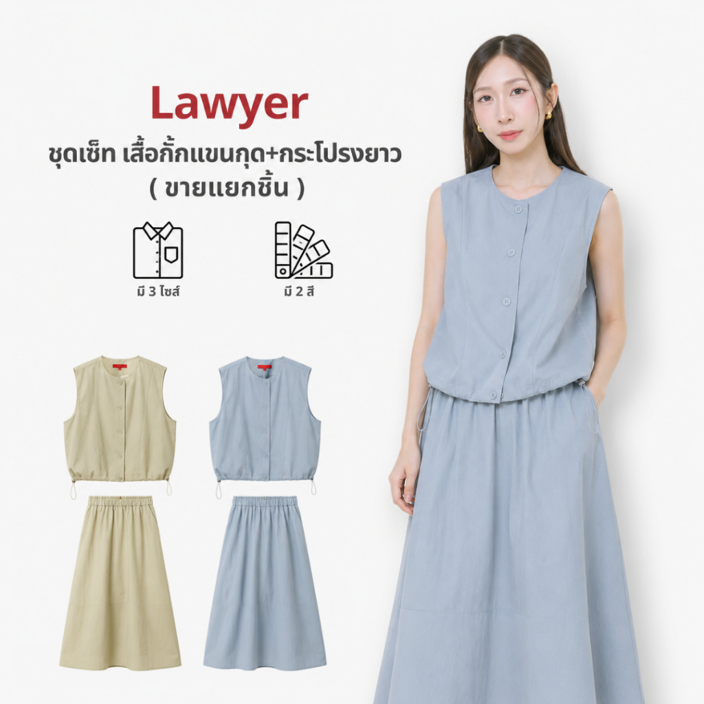 Lawyer Store | [5551859] [5551859-1] (ขายแยกชิ้น) ชุดเซ็ท เสื้อ แขนกุด กระดุมแป๊ก กระโปรงยาว เอวสม็อค งานผ้านวัตกรรม