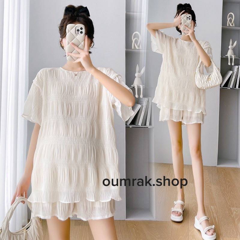 AA4739 Set  เสื้อ + กางเกง ผ้าชีฟองย่น มีซับในตัว กางเกงมีสายปรับยางยืด (งานแฟชั่น)