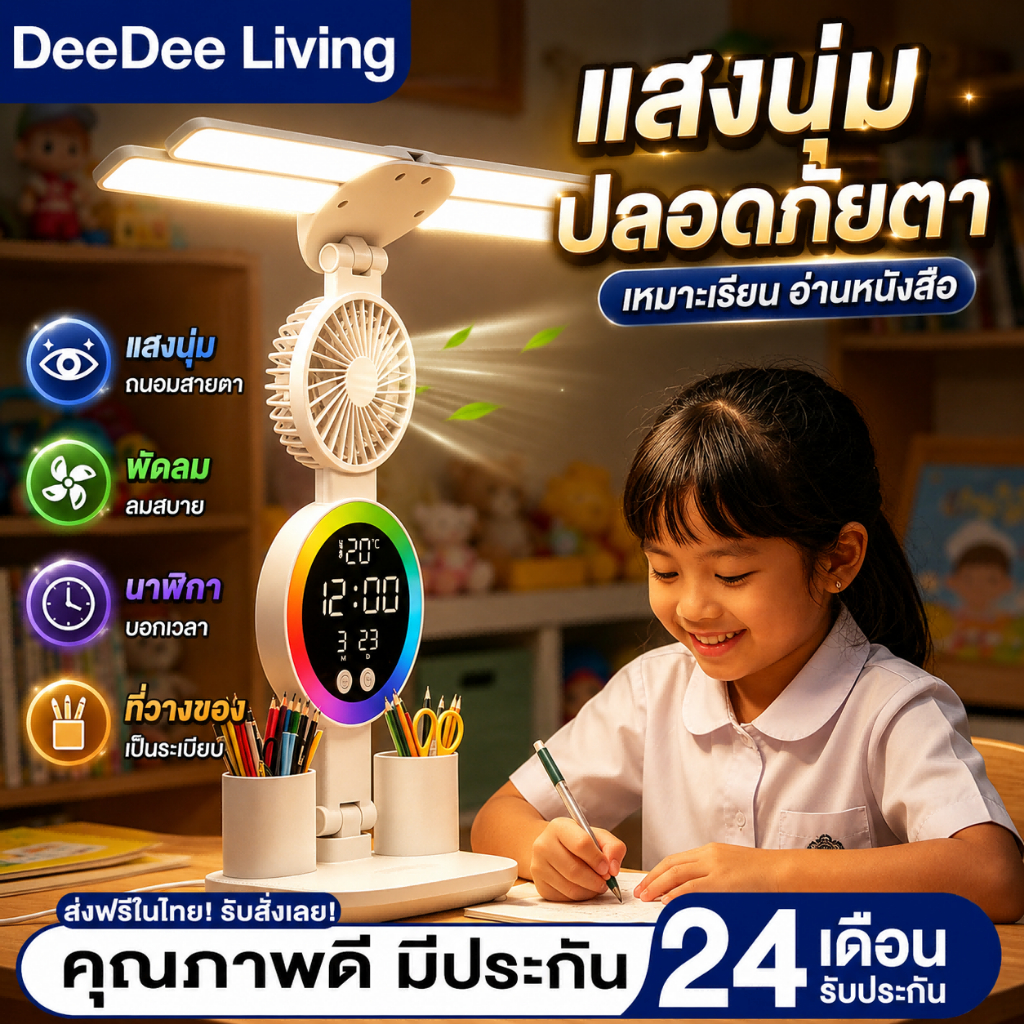 DeeDee โคมไฟตั้งโต๊ะ โคมไฟอ่านหนังสือ 3 สีส โคมไฟตั้งโต๊ะ LED สมาร์ทดิสเพลย์ แสดงอุณหภูมิ เวลา วันที่ 3 in 1 ไฟ led