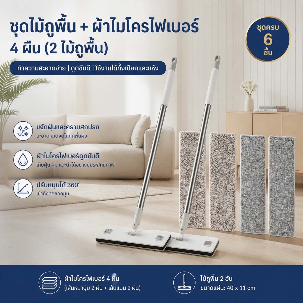 【แถมผ้าถูพื้น 2 ชิ้น】ไม้ถูพื้นแบนขนสั้นยาว ไม้ถูพื้นเปลี่ยนผ้าได้ ไม้ถูพื้นไม่ต้องล้างมือ ไม้ถูพื้น2ใน1  หัวถูพื้นหมุนได