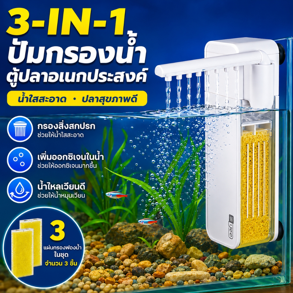 Cozy เครื่องกรองตู้ปลา Yee 3-in-1: กรองน้ำ หมุนเวียนน้ำ เพิ่มออกซิเจน ทำงานเงียบ มีปั๊มกรองขนาดเล็กในตัวตู้