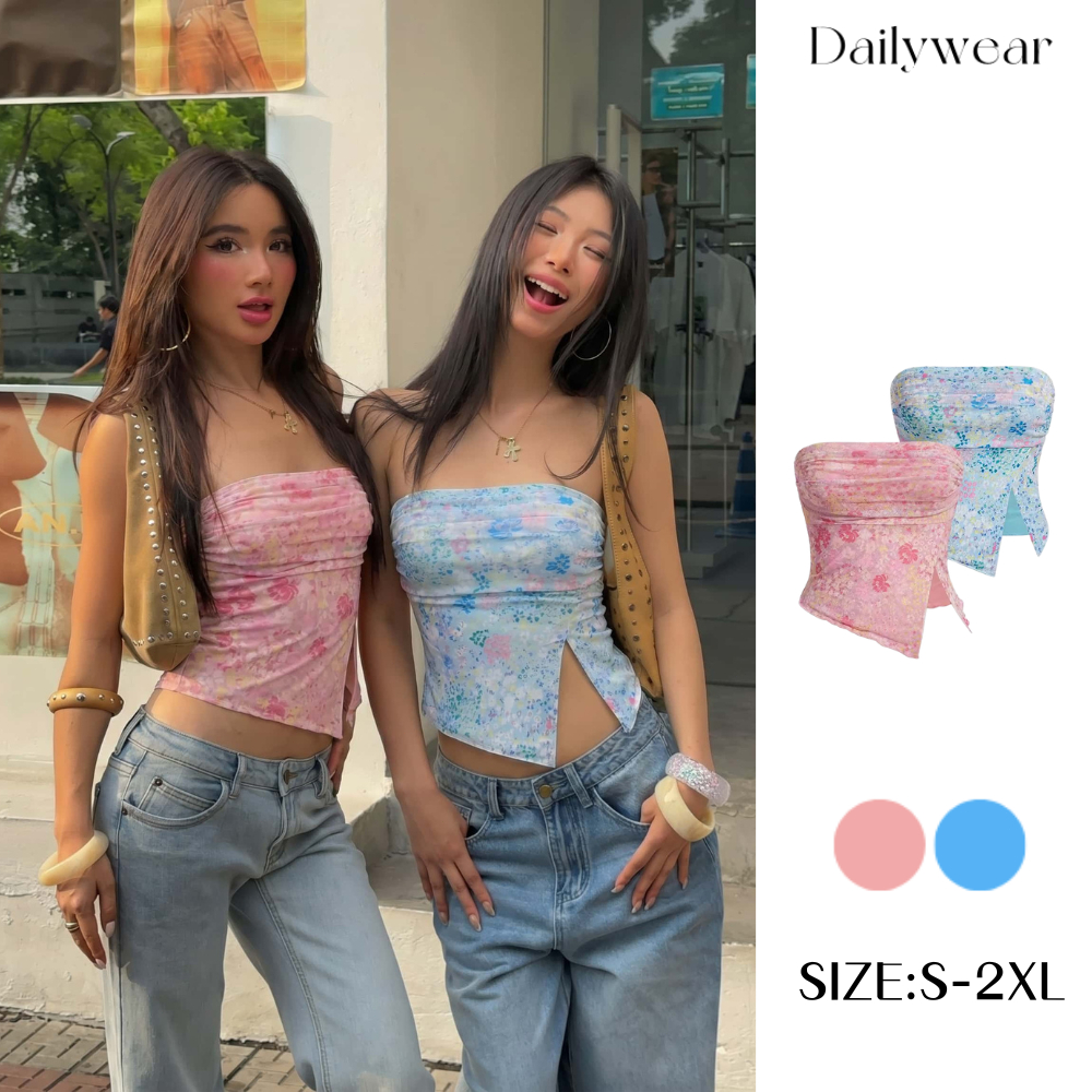 Dailywear ✨เสื้อครอปอกครึ่งลายดอก ทรงตัดขอบไม่เรียบ สไตล์หวานแซ่บ ผอมเรียว ใส่นอกสวย