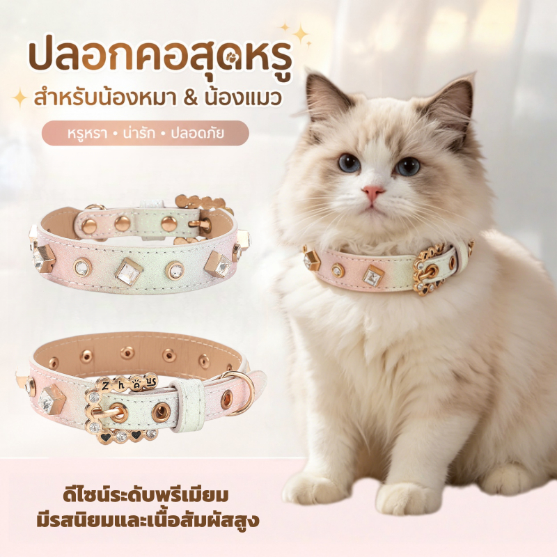 ปลอกคอสัตว์เลี้ยง ปลอกคอสัตว์เลี้ยงหรูหรา ประดับคริสตัลน่ารัก ปรับขนาดได้ นุ่มสบายคอ เหมาะกับสุนัข