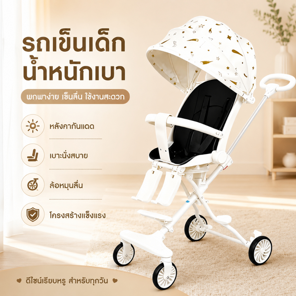 รถเข็นเด็ก รถเข็นพับได้ 3ระดับ นั่ง/เอน/นอน เข็นหน้า-หลังได้ มีเบรค โช้คอัพ พกพา 1-3 ขวบ