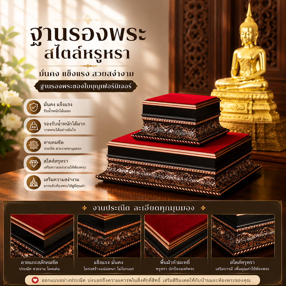 ฐานรองพระ ใบบุญเฟอร์นิเจอร์ สีดำ-โรสโกล์ด สูง 3 นิ้ว [ B009-1 ]