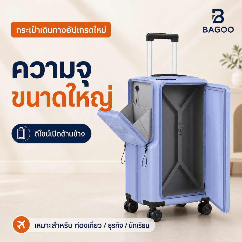 BAGOOกระเป๋าเดินทาง 20/26 นิ้ว เปิดด้านข้าง จุเยอะ ขยายได้ 4 ซม. USB ล้อเบรก ABS+PC