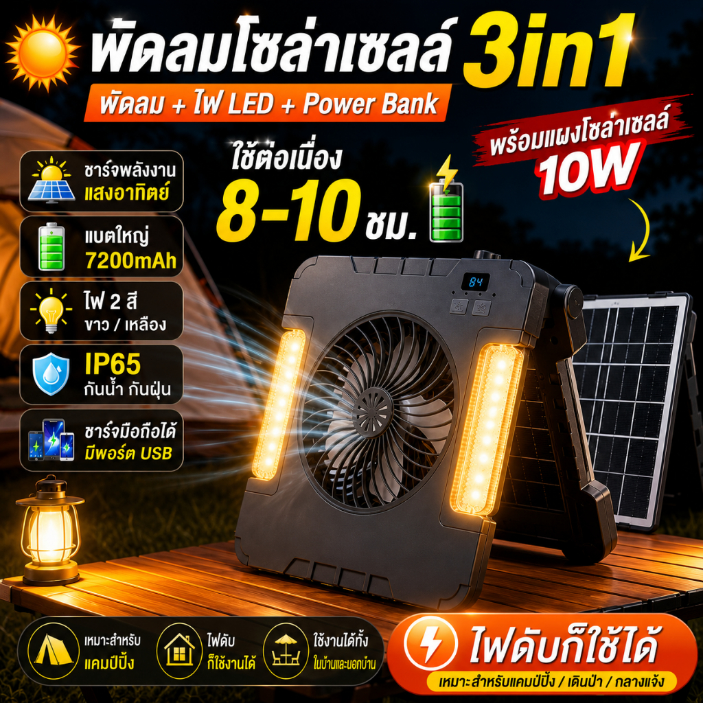 พัดลมโซล่าเซลล์ 3in1 พร้อมไฟ LED แบต7200mAh ใช้งาน8-10ชม ชาร์จมือถือได้ กันน้ำ IP65
