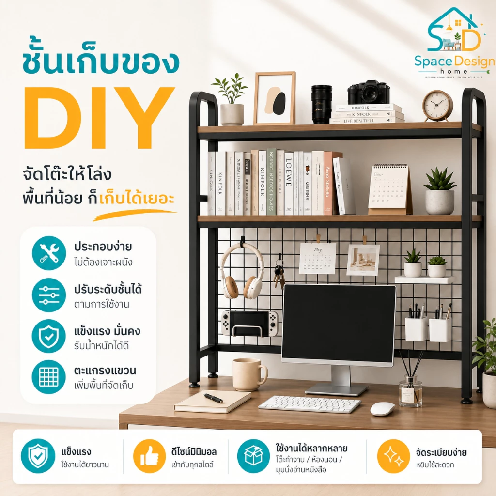 ชั้นวางของมินิมอล ชั้นวางของบนโต๊ะ โครงเหล็กเเข็งเเรง รับน้ำหนักได้ 100กิโล ชั้นวางหนังสือ