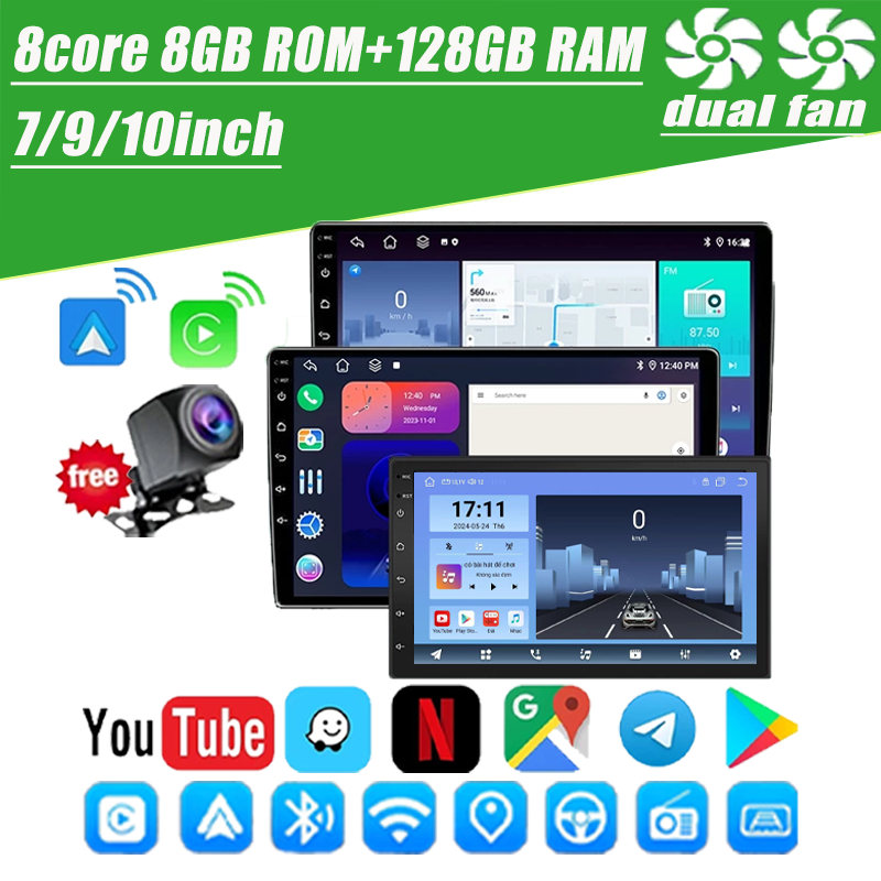 จอ Android 15 รถยนต์ จอแอนดรอย DUAL FAN 8core 8+128G WIFI Yotube Carplay/Android auto หน้าจอสัมผัสคู่ Google Maps 9/10นิ