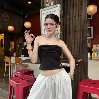 crop..shop เสื้อเกาะอก เเต่งชั้นช่วงอก สวยน่ารักลงตัว เซ็กซี่เเบบลมุน งานเลิศมากก