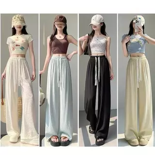 M-2XL 7สี กางเกงสีครีมผ้าลูกไม้แบบเชือกรูด ทรงขากว้างสำหรับ ผู้หญิง ดีไซน์พลิวสวย ใส่ได้หลากหลายสไตล์ เอวสูง มีเท็กซ์เจอ