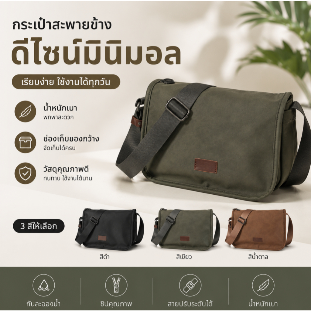 กระเป๋าสะพายข้างผู้ชาย Crossbody วัสดุ PU นุ่มสุดๆ กันน้ำ มีช่องเก็บของหลายช่อง