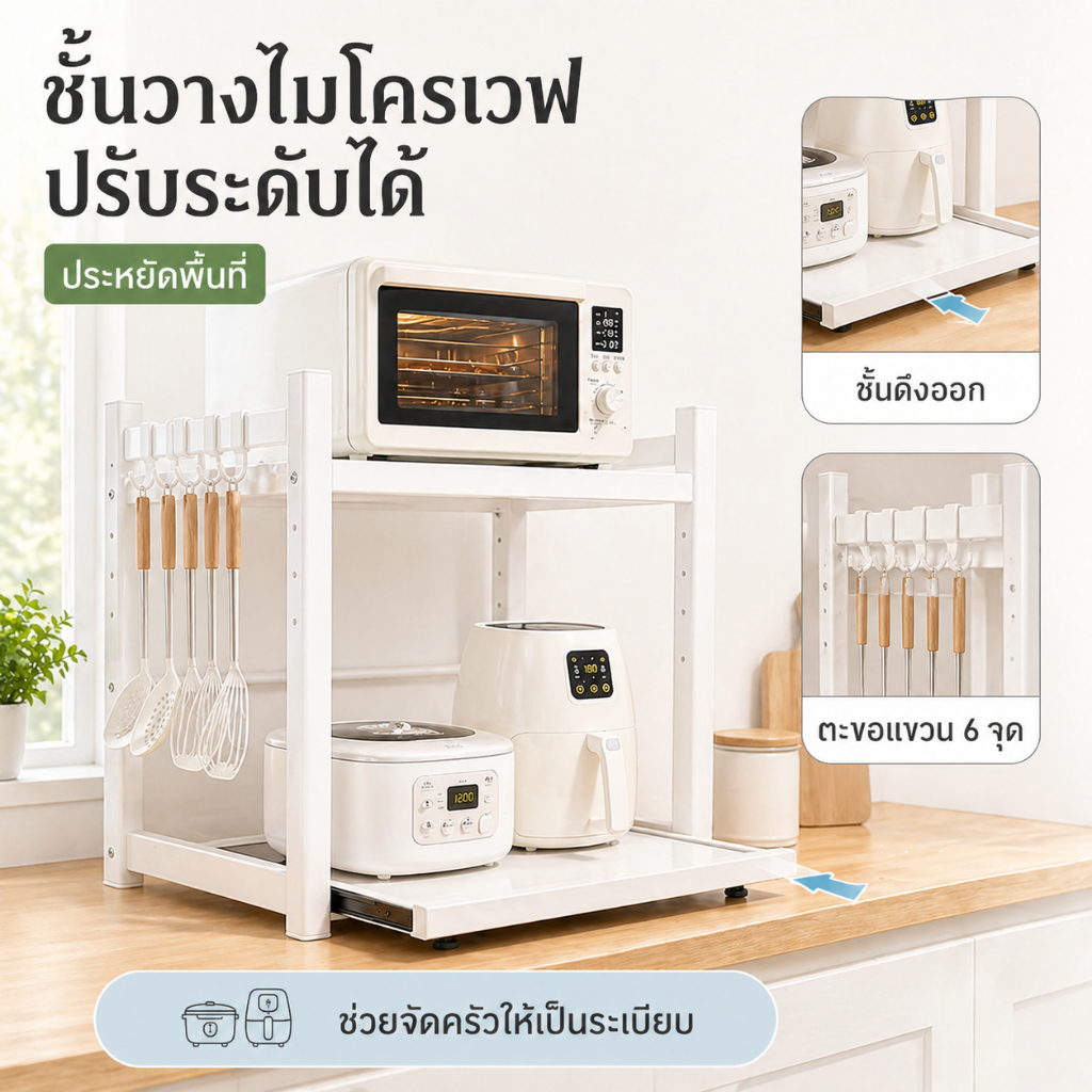 ชั้นวางไมโครเวฟ 2 ชั้น ปรับขนาดได้ กันน้ำ แข็งแรง ประหยัดพื้นที่ สำหรับห้องครัว