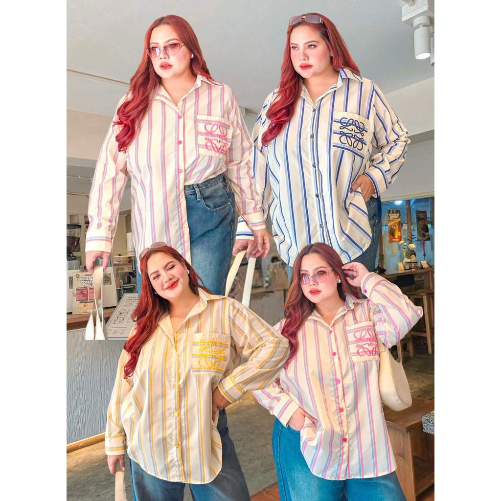 (ส่งด่วน) LW เสื้อเชิ้ตคอปกแขนยาวลายริ้ว ทรงสวย Bigsize ใส่ทำงานได้ อก38-66นิ้ว (PT)