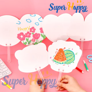 พัดกระดาษด้ามจับสีใส(1 ชุด) ระบายสี DIY พัดวาดภาพเด็ก พัดเปล่าสำหรับเพ้นท์