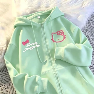 เสื้อฮู้ดซิปผู้หญิง Kitty ลาย Green gungchi สีน้ำตาล Oversize ผ้านุ่มใส่สบาย แฟชั่นสไตล์วินเทจ
