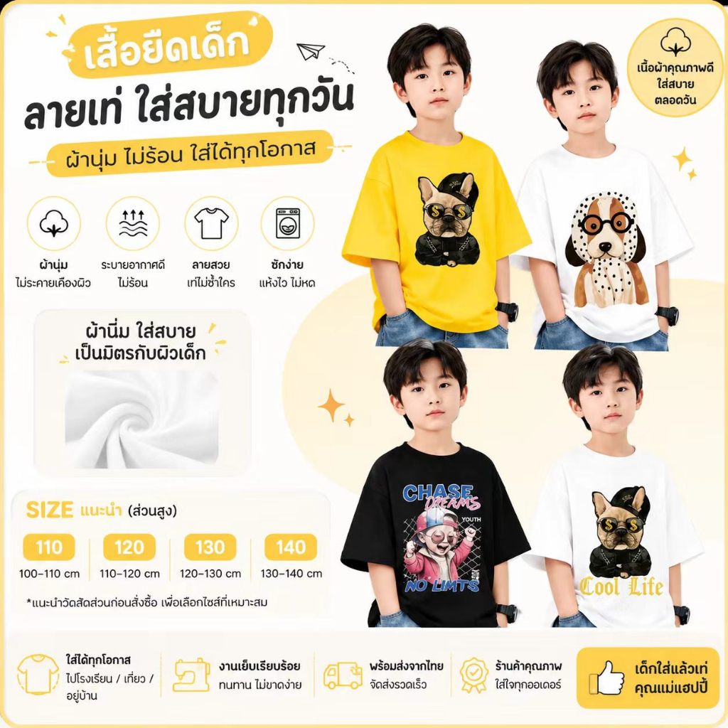 เสื้อยืดเด็ก แขนสั้น ฝ้าย 100% Cotton ยูนิเซ็กซ์ สำหรับเด็กชายและเด็กหญิง ใส่สบาย ระบายอากาศดี จัดส่งไทย 24 ชั่วโมง