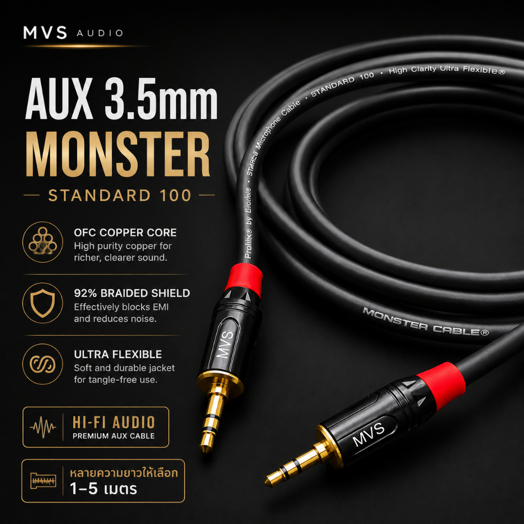 MVS AUX 3.5mm Monster Standard 100 สายสัญญาณเสียง HiFi OFC Low Noise Premium Audio Cable