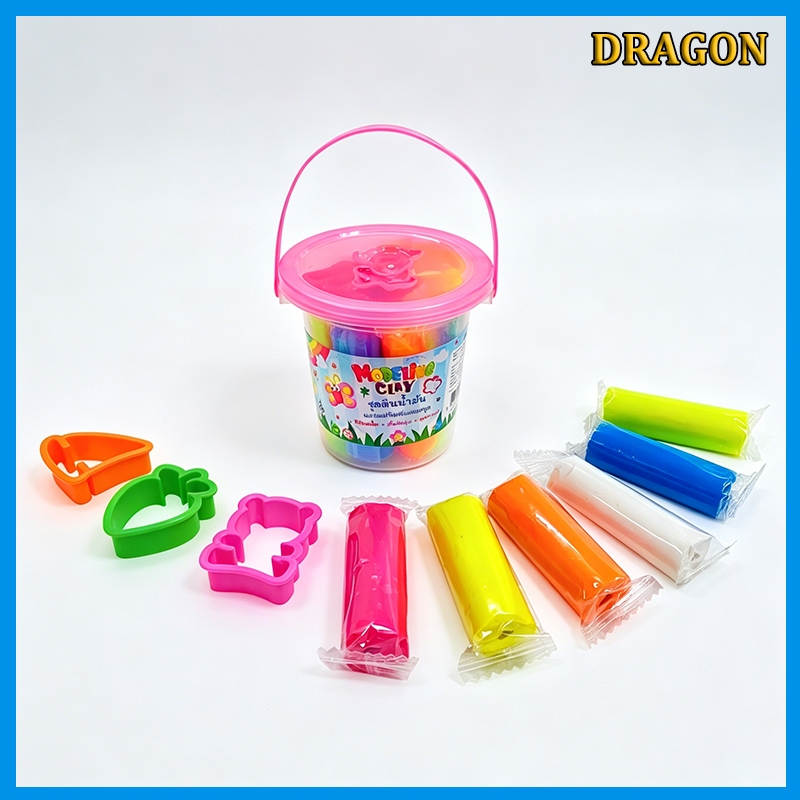 Dragon ดินน้ำมันชุดถังพร้อมแม่พิมพ์ 6สี 100กรัม บรรจุในถังพลาสติก แม่พิมพ์3ชิ้น เนื้อนุ่มละเอียด ปลอดสารพิษ สำหรับงานศิล