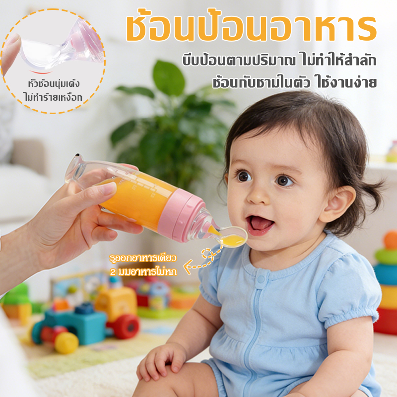 ช้อนป้อนข้าวเด็กซิลิโคนไร้สารพิษ + ขวดบีบอัด 90ML ใช้ป้อนนมหรืออาหารน้ำ จับถนัดมือ ใช้งานง่าย สำหรับทารกและเด็กเล็ก