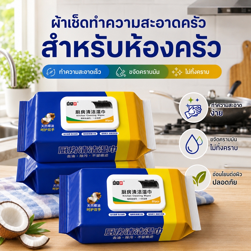 ผ้าเช็ดครัวแบบเปียก Kitchen Cleaning Wipes 80pcs ขนาดแพ็ค 30x11CM ผ้าหนาพิเศษ เช็ดสะอาด ไม่ทิ้งคราบ