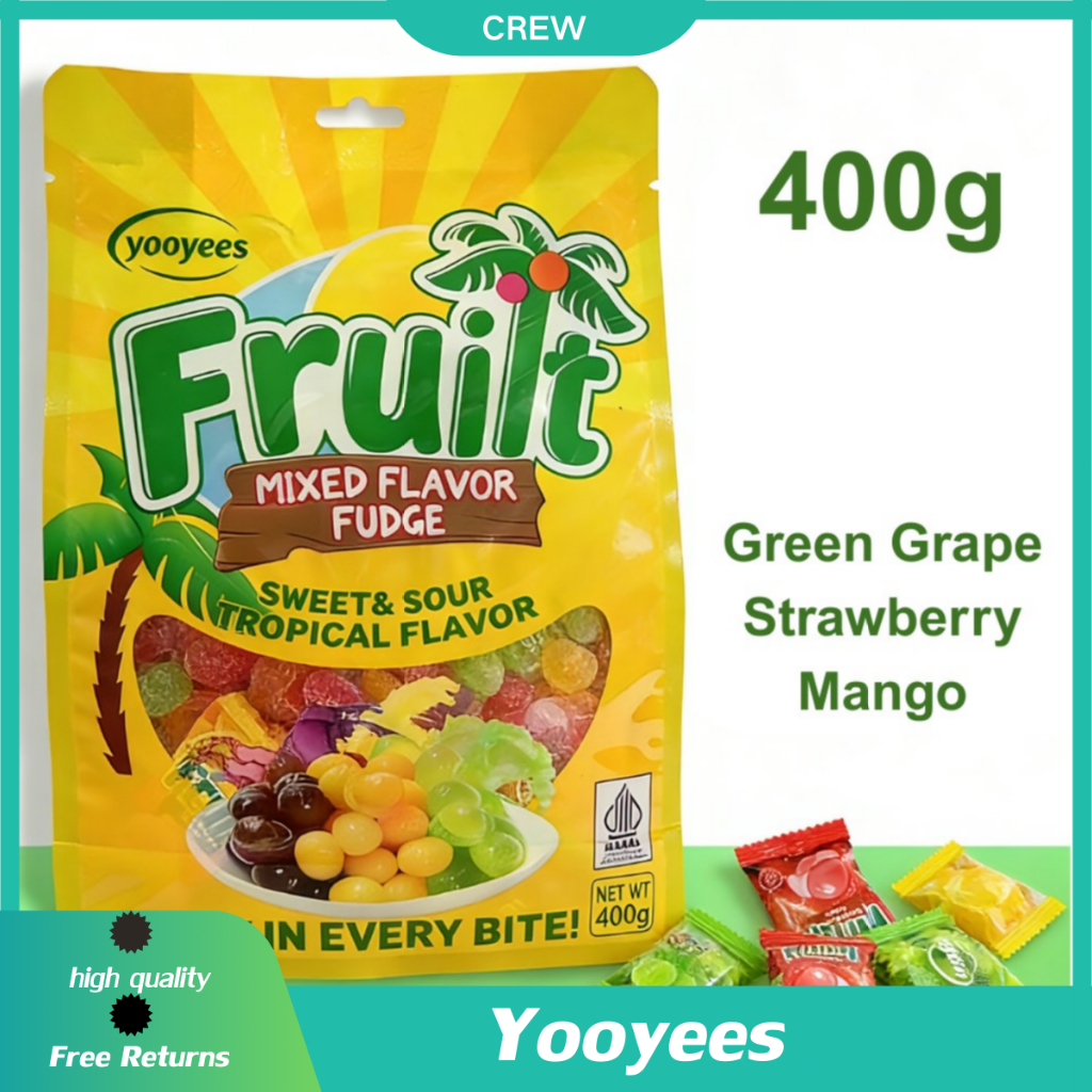 ลูกอมผลไม้รวม Yooyees Fruit Fudge 400g ลูกอมเคี้ยวหนึบ รสองุ่น สตรอว์เบอร์รี่ มะม่วง หวานอมเปรี้ยว ขนมลูกอมผลไม้