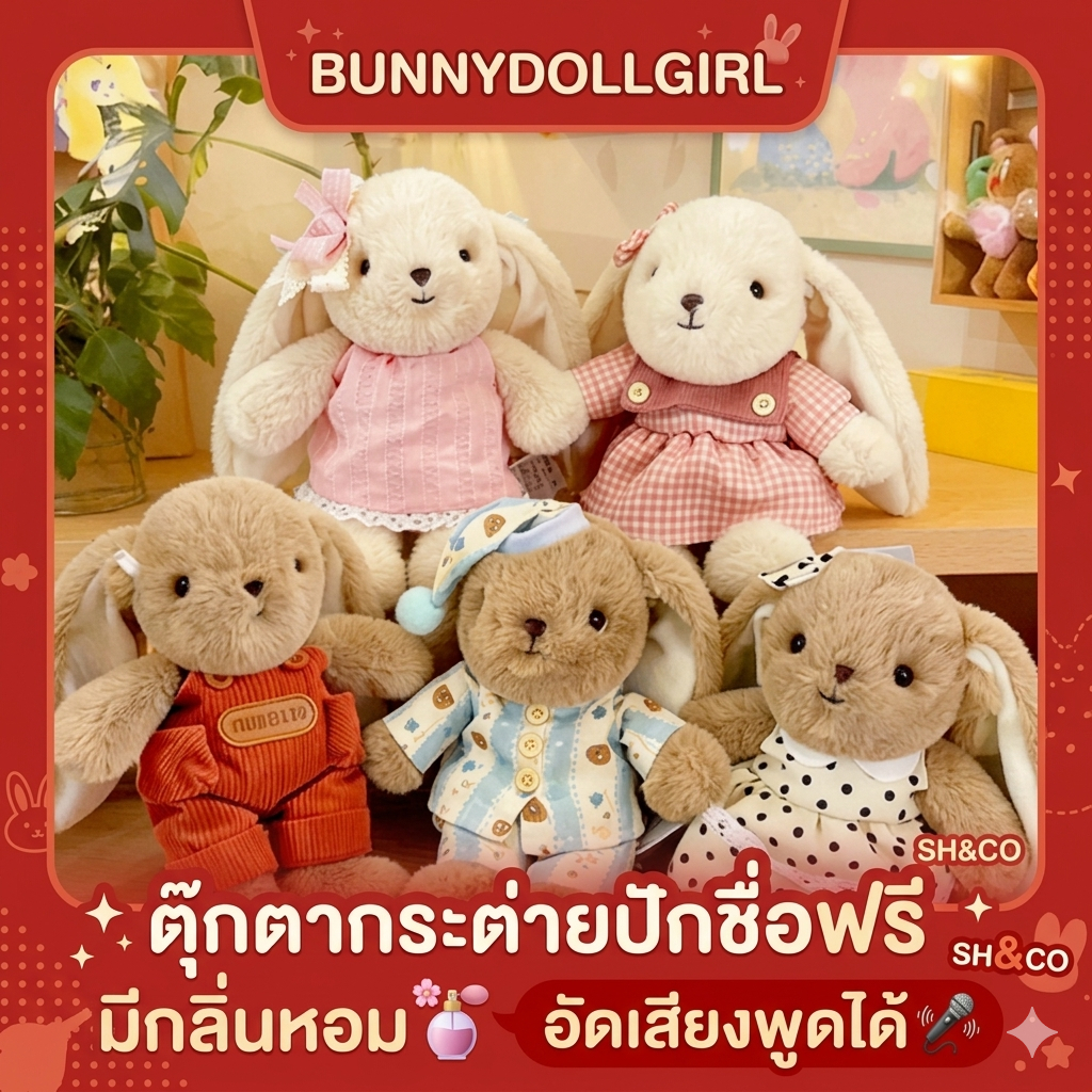 ฺีBunnydollgirl ปักชื่อฟรี ตุ๊กตากระต่ายสีน้ำตาล ขนนุ่มฟู นั่งได้ มีบีดถ่วงก้น-ขา (อัดเสียงเพิ่มได้)