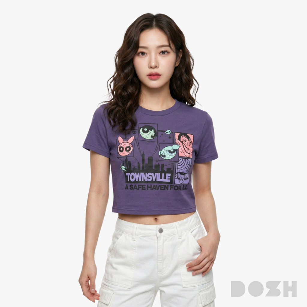 DOSH WOMEN'S BABY TEE POWERPUFF GIRLS เสื้อครอปสั้น ผ้ายืด DPGWT1016-VI (XS/S-M/L)