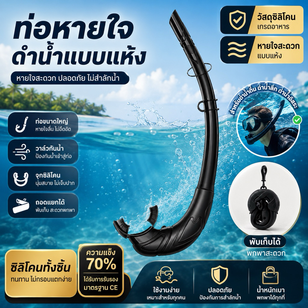 ท่อหายใจดำน้ำแบบแห้ง Dry Snorkel ซิลิโคนเกรดอาหาร กันน้ำ พับได้ หายใจสะดวก