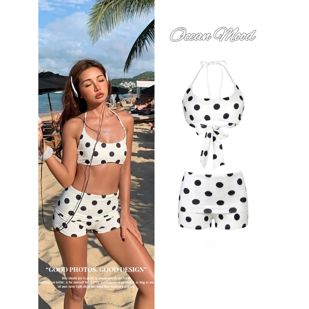 บิกินี่ลายจุด ชุดว่ายน้ำทูพีช แนววินเทจ เสื้อผูกคอโชว์เอว กางเกงขาสั้น Beachwear Summer | Ocean Mood