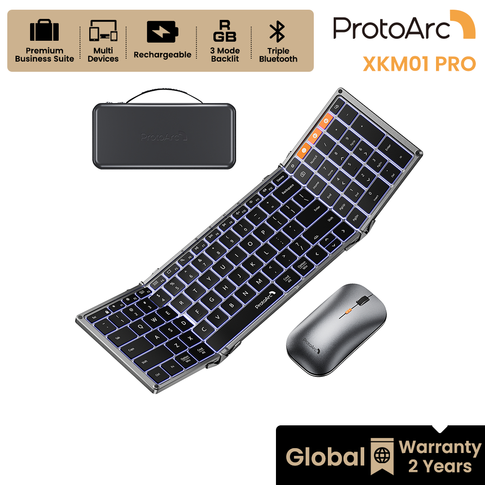 ProtoArc XKM01 Pro เซ็ตคีย์บอร์ดเมาส์พับได้ ไฟ Backlit Full Size เชื่อมต่อ 3 อุปกรณ์ ทำงานได้ทุกที่ พกพาง่าย