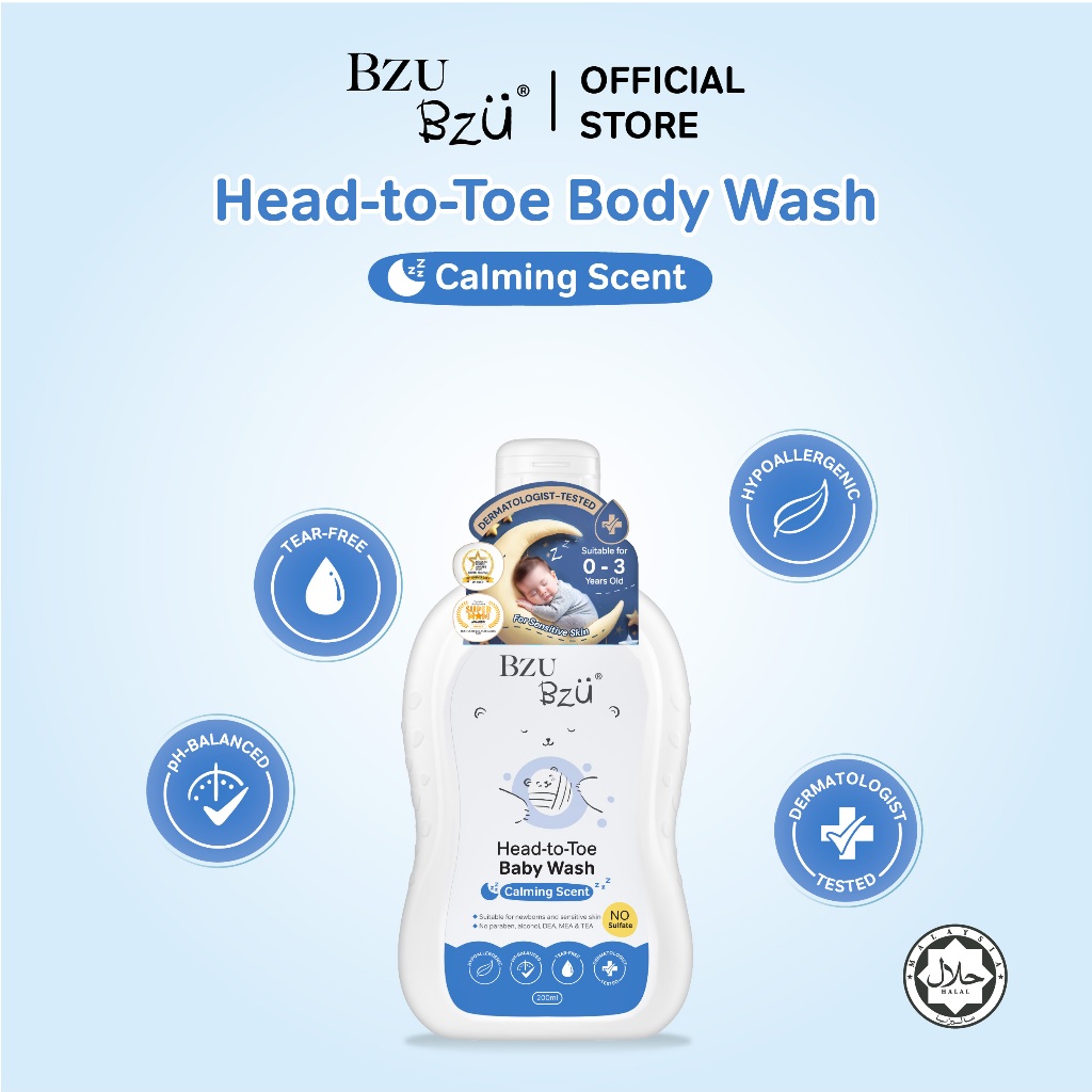 BZU BZU Head-to-Toe Baby Wash 200ml บีซู บีซู สบู่อาบและสระ สำหรับเด็กแรกเกิด อ่อนโยน กลิ่นหอม หลับสบาย (0-3 ขวบ)
