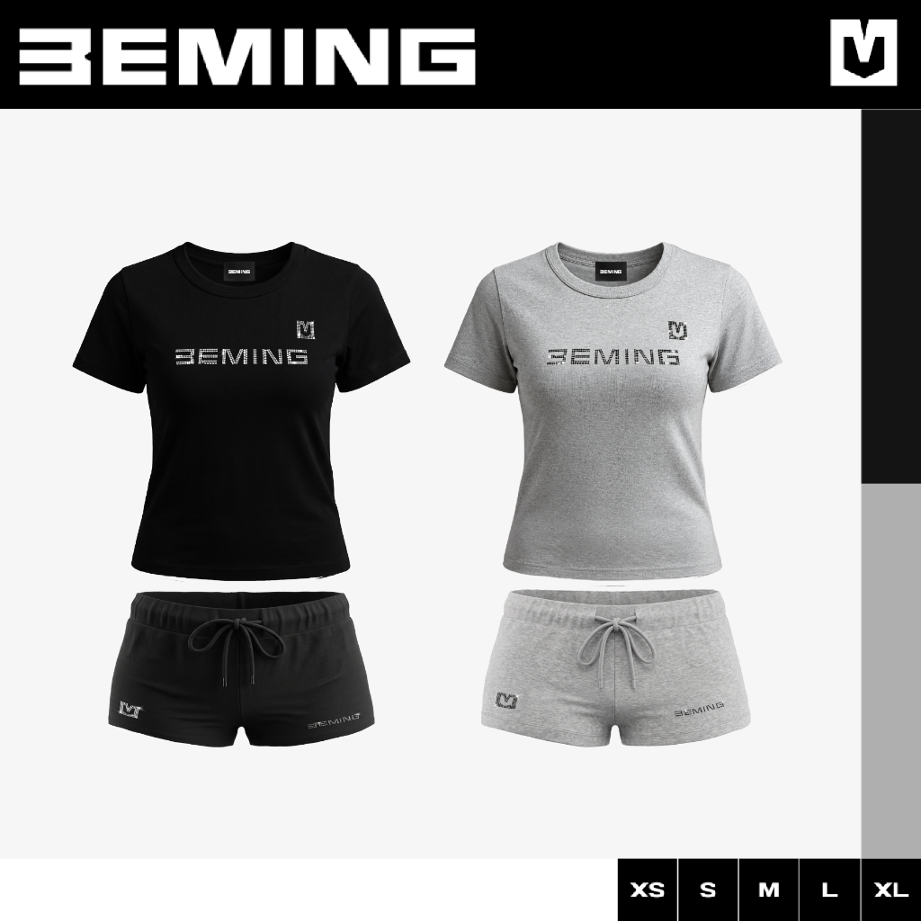 BEMING Glint - เสื้อเบบี้ทีและกางเกงขาสั้น โลโก้ปักเพชร BEMING