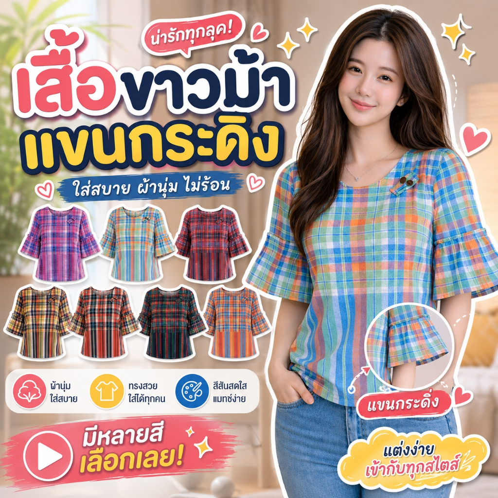 เสื้อผ้าฝ้ายลายขาวม้า-แขนกระดิ่ง